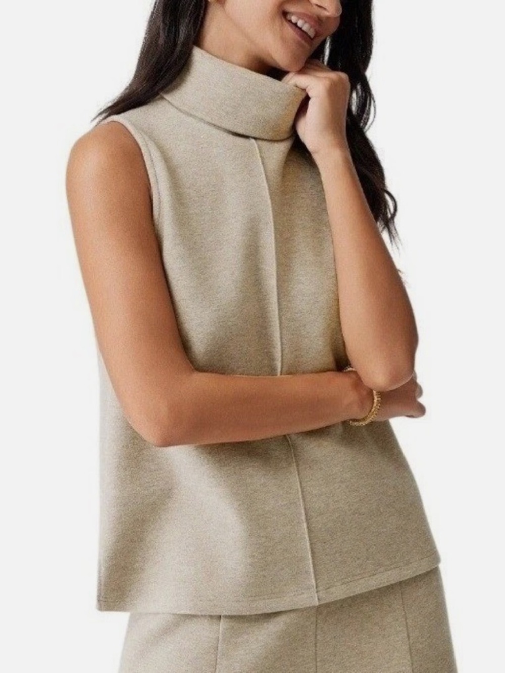 OGL New Heather Morganite Beige Turtle Neck Split Hem Sleeveless Top Size Medium
